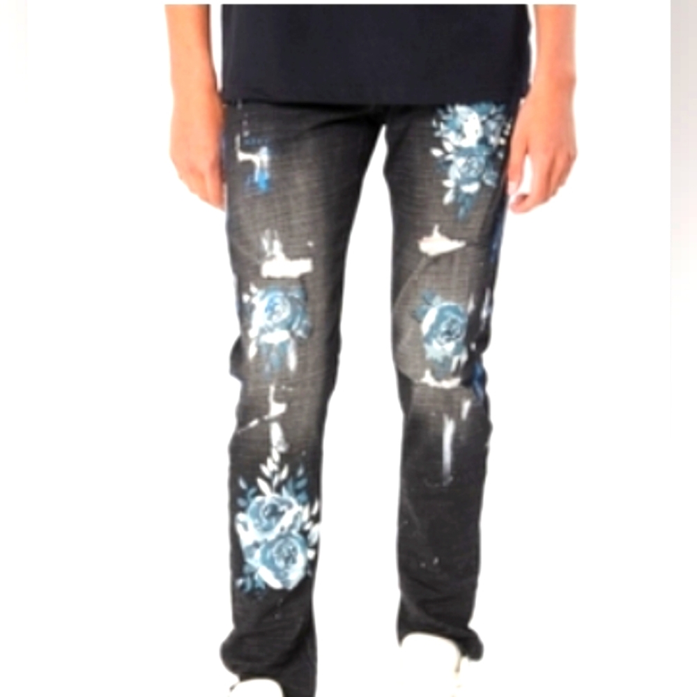 Men's Destructed Blue Rose Painted Jeans
